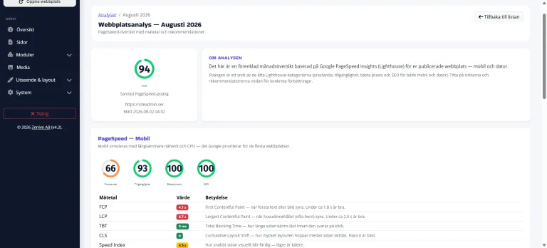System &rarr; Analyser i SiteAdmin med PageSpeed f&ouml;r mobil och dator