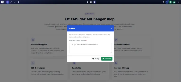AI i SiteAdmin Editor &mdash; skriv om rubrik och textstycke