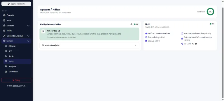 System &rarr; H&auml;lsa i SiteAdmin med kontroller och varningar