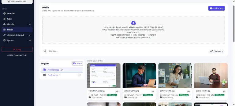 Mediabibliotek i SiteAdmin med bilder, mappar och filhantering