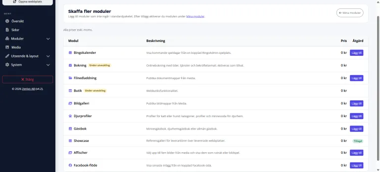 Modulmarknad i SiteAdmin &mdash; Skaffa fler moduler med gratis till&auml;gg och L&auml;gg till