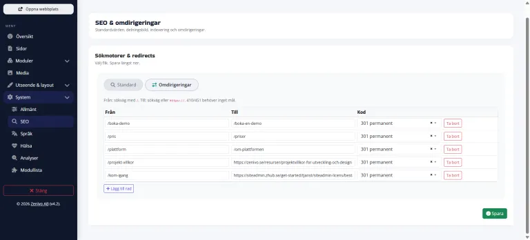 301-omdirigeringar och sitemap i SiteAdmin