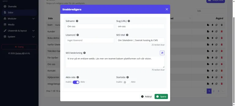 SEO-titel och meta-beskrivning per sida i SiteAdmin