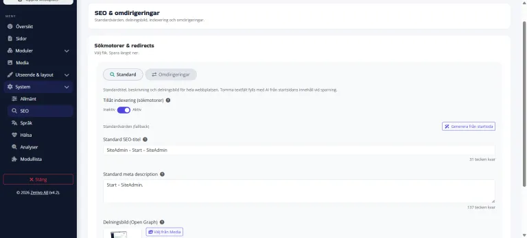 SEO-inst&auml;llningar i SiteAdmin med meta-titel, beskrivning och omdirigeringar